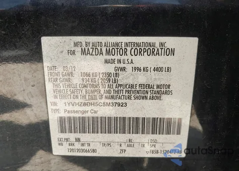 2012 Mazda Mazda6 I Touring z USA, uszkodzony, nr VIN 1YVHZ8DH5C5M37923